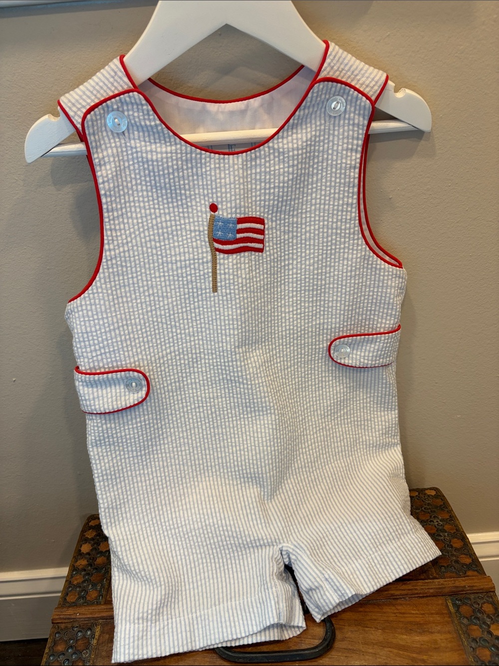 Little English White Seersucker Romper with Red Trim and Flag Applique